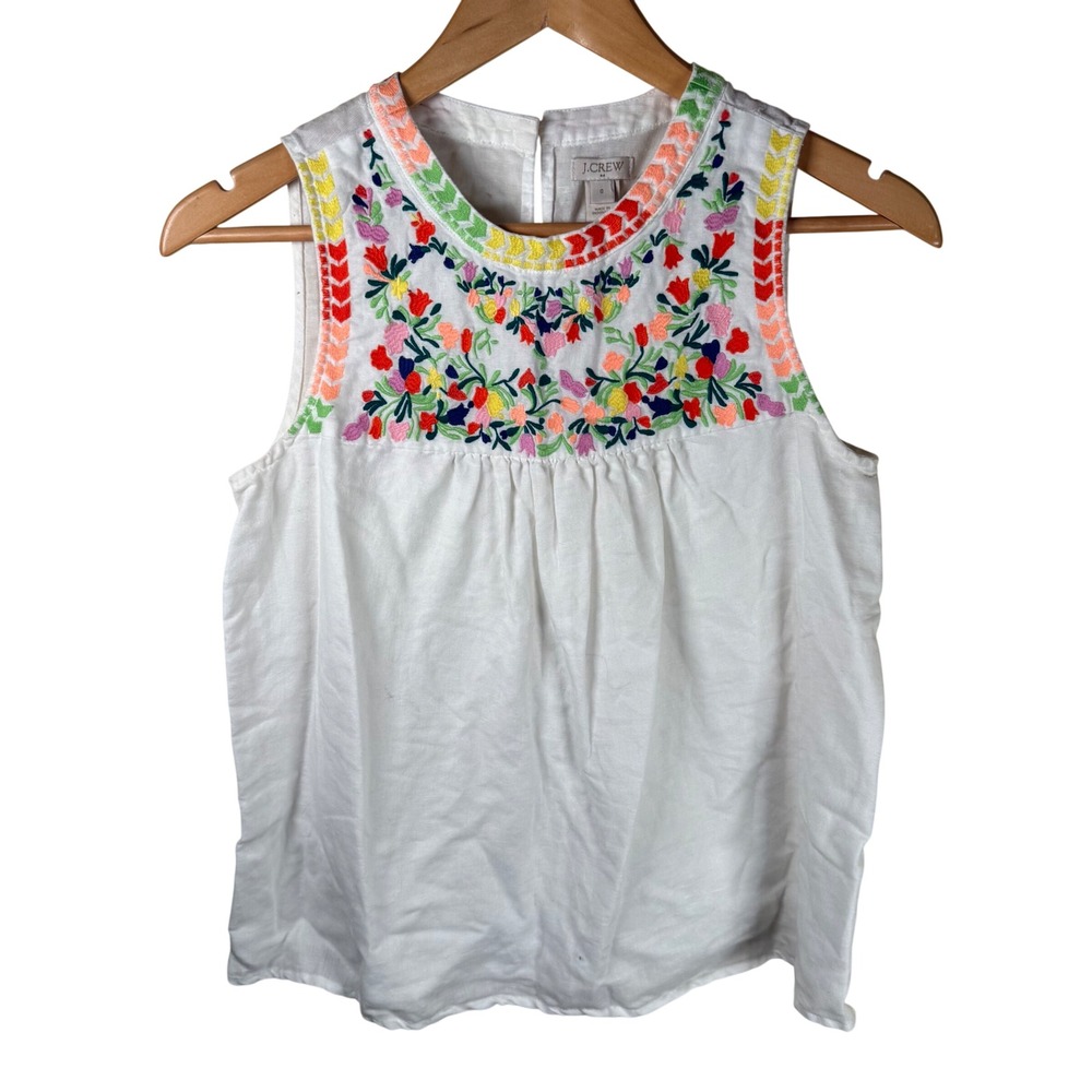 J.Crew Embroidered Floral Linen Blend Tank Top Womens 0 White Boho G5320 Travel